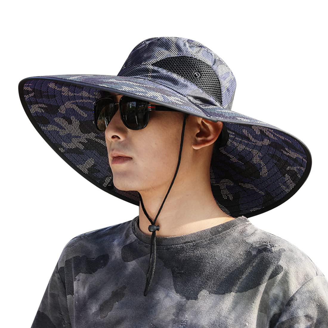 GUSTAVE Wide Brim Bucket Hats, Summer Caps for Men,with Adjustable Chin Strap,Classic Solid Color,Breathable Mesh Caps,Outdoor UV Protection for Summer, Travel,Hiking, Camping (Camouflage) GUSTAVE Wide Brim Bucket Hats, Summer Caps for Men,with Adjustable Chin Strap,Classic Solid Color,Breathable Mesh Caps,Outdoor UV Protection for Summer, Travel,Hiking, Camping (Camouflage)